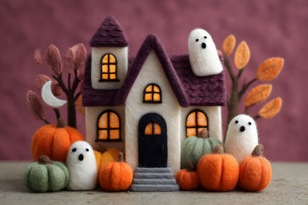 Handmade felt haunted houses decorated with glowing windows, surrounded by pumpkins and spooky ghosts peeking out. Whimsical Halloween-themed scene, cozy and playfulの素材