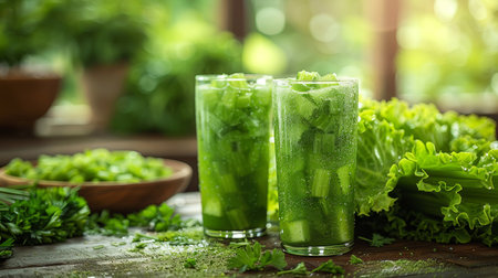 Two glass glasses of freshly squeezed green juicy healthy celery. High quality illustrationの素材
