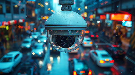 A video camera records the street at an intersection where cars are passing. High quality illustrationの素材