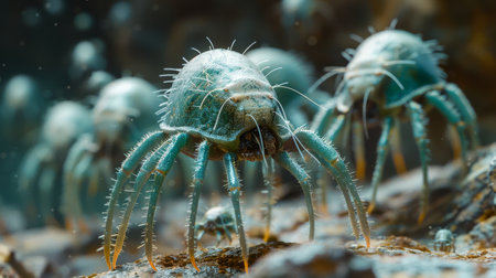 Close-up of dust mites in their environment living on textile surfaces. High quality illustrationの素材