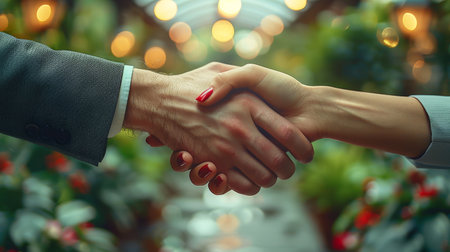 Business handshake of male and female hands in suits in a business green office. High quality illustrationの素材