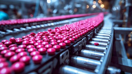 Pink medical tablets on a conveyor belt for medical factoriesの素材