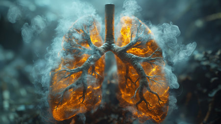 Lungs in smoke against a toxic background from cigarettesの素材
