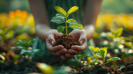 Female hands holding a green fresh plant in their palmsの素材