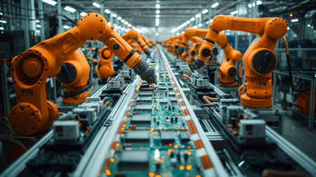 Manufacturing orange robots in the assembly workshop perform precision workの素材