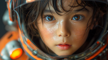 Asian boy in astronaut spacesuit close-up wearing helmetの素材