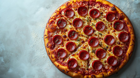 Round pizza with pepperoni sausage top view on gray background. High quality illustrationの素材