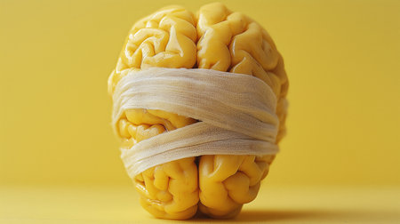 Yellow brain bandaged with white bandage on yellow background. High quality illustrationの素材