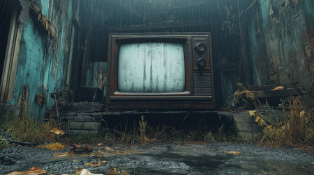 Dirty and old TV against the backdrop of a creepy abandoned basement. High quality illustrationの素材