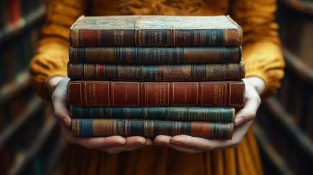 Many books in a stack on hands among the shelves in the library. High quality illustrationの素材
