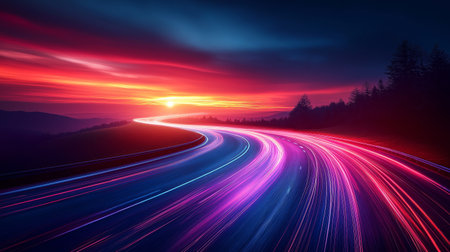 Cars moving on a night highway with long lines from headlights. Long exposure. High quality illustrationの素材