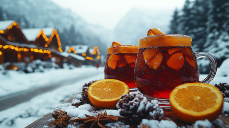 Glass mug with mulled wine and oranges against the backdrop of a winter resort and forest. High quality illustrationの素材