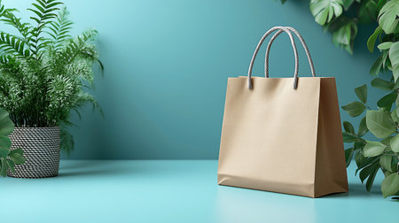 Stylish beige bag in the form of a paper bag on a blue background. High quality illustrationの素材