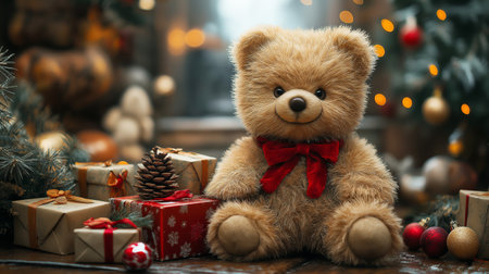 Teddy bear with Christmas tree decorations and boxes. High quality illustrationの素材
