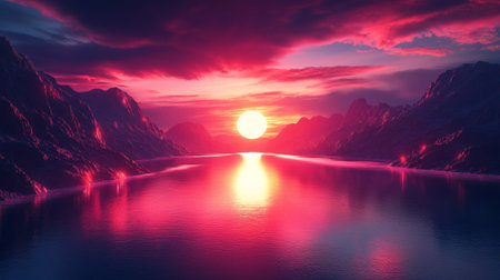 Cosmic beautiful pink sunset on the background of clouds and a huge lake with rocks. High quality illustrationの素材