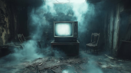 Dirty and old TV shows white noise in an abandoned apartmentの素材