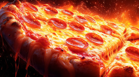 Juicy, cheesy, hot sausage pizza that still has fire coming from the ovenの素材
