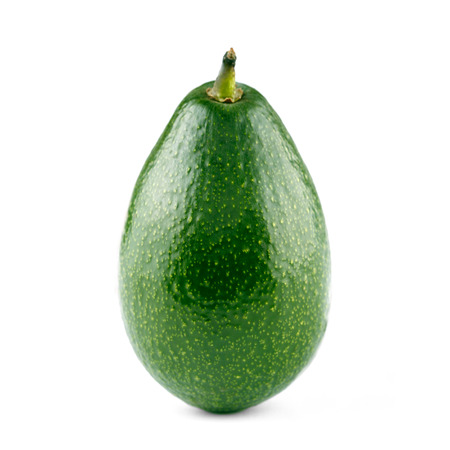 A whole green avocado upright isolated on white background