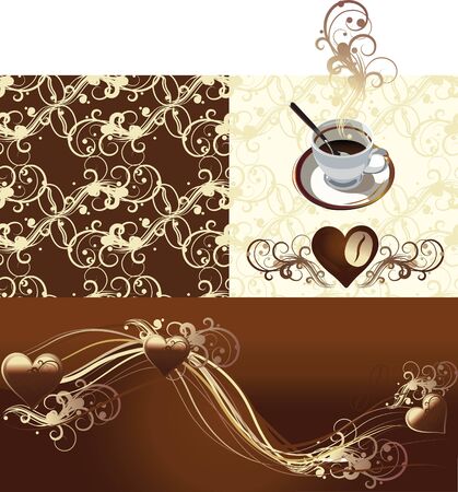 illustration contains the image of cup coffee or  tea, coffee grains, Coffee beans seamless pattern  and chocolate heartsのイラスト素材