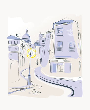 drawing old town streetのイラスト素材