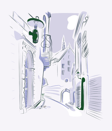 drawing old town streetのイラスト素材