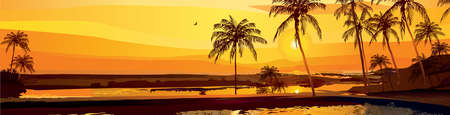 Vector travel banner with tropical landscape at sunset or sunrise. Silhouettes of palm trees against...