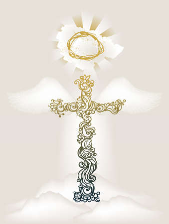 A beautiful religion Christian cross with a curly ornament, wings and a crown of thorns on a beige background. Decorative vector illustration on a religious theme with an ornate cross on the cloudsのイラスト素材