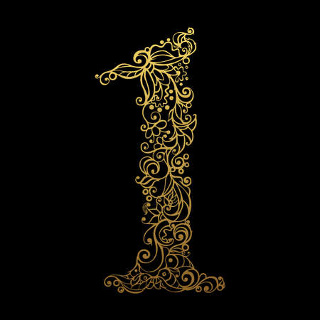 Curling alphabet. Number 1. Vector illustration. Typographic vector element for design. Digit zero with curly lines floral.のイラスト素材