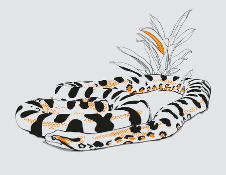 Hand drawn vector illustration of a great spotted snake. A beautiful exotic animal, symbol of...