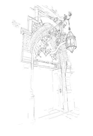 Hand-drawn illustration of a vintage arch with a street lamp. Fragment of the old city, detailed pencil drawing. Design element, postcard, t-shirt designのイラスト素材