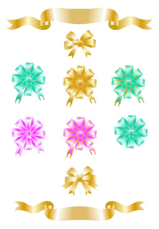 Bows gold color realistic design. Decorative gift bows with ribbons isolated on white backgroundのイラスト素材