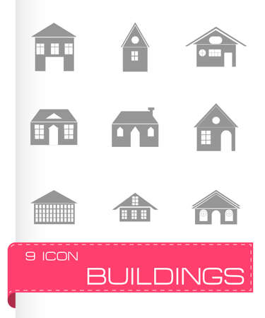 Vector black buildings icons set on white backgroundのイラスト素材