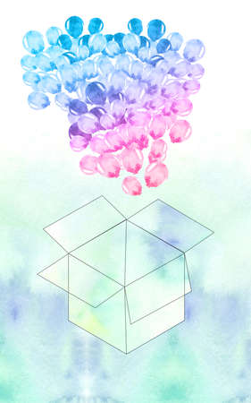 blue watercolor balloons from open boxの写真素材