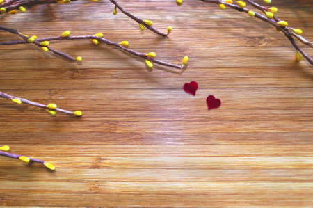 couple of red heart shaped sequins on bamboo board with branches