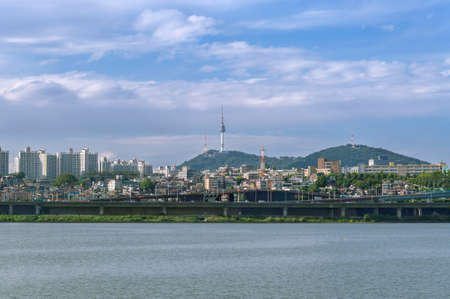 Seoul citiscape with Seoul tower view from Han riverの写真素材