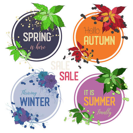 set of 4 seasons vector frames decorated with grapes leaves and roses in suitable color combinations and appropriate textのイラスト素材