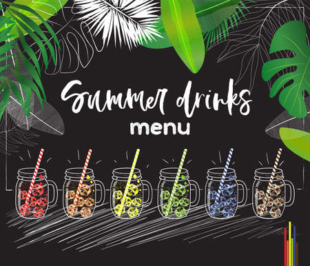 set of vector mason jars with colorful ice cubes and straws decorated with tropical leaves useful for summer drinks menuのイラスト素材