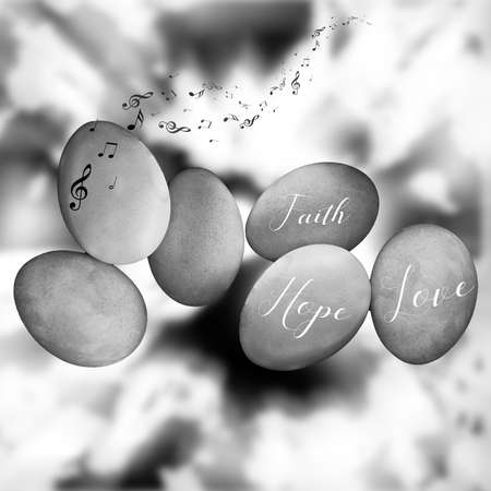 black and white illustration with Hope, Love and Faith signs on three stones in the abstract sky...
