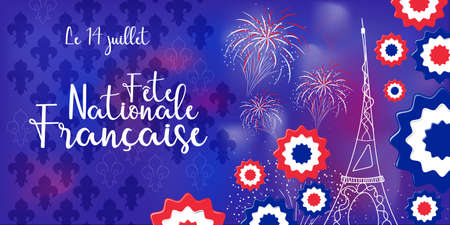 concept of celebration banner for Bastille day in France with 14 July and Bastille Day text in frenchのイラスト素材