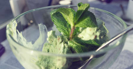 pistachio ice cream with mint leaves in glass bowl