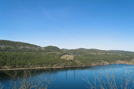 view from above on Yenisey river at springtime with trees branches
