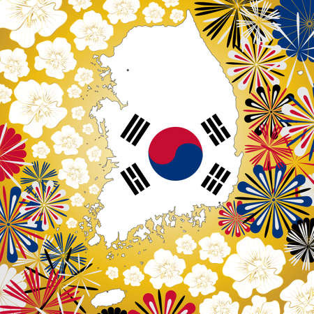 vector card with South Korea map on golden background decorated with white and gold hibiscuses and abstarct fireworks in national colorsのイラスト素材