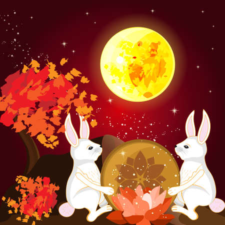 abstarct vector mid autumn festival image with big Moon, lotus flower, couple of rabbits and autumn leavesのイラスト素材