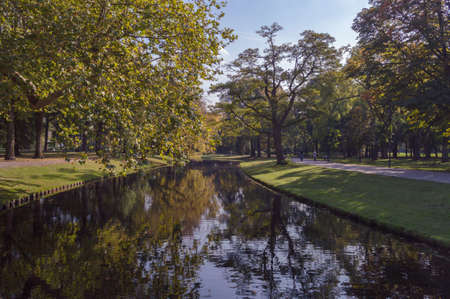 view on canal in Het park in Rotterdam on sunny october dayの写真素材