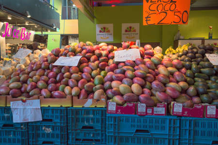 Rotterdam, The Netherlands, October 6, 2018: Fruit store inside of Market Hall with pricesのeditorial素材