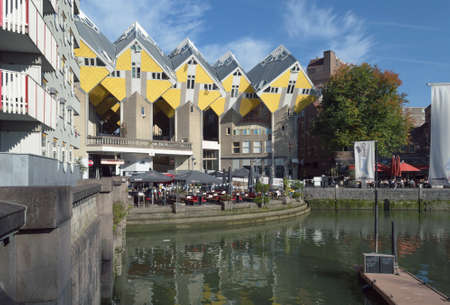 Rotterdam, The Netherlands, October 6, 2018:View of  Cube houses on sunny autumn day from nearby canalのeditorial素材
