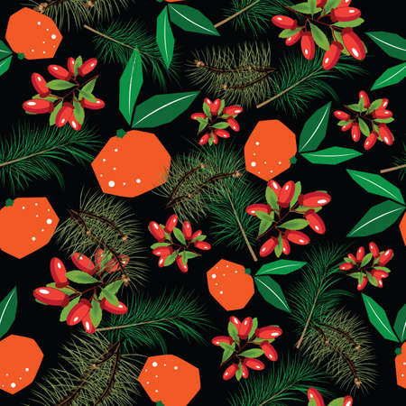 seamless vector pattern of mandarines, barberries and fir tree branchesのイラスト素材