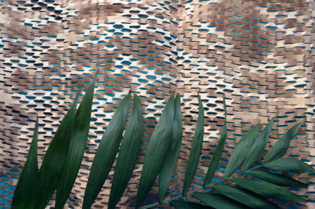 unique eco texture of craft paper net palm leaf and blue wooden backgroundの写真素材