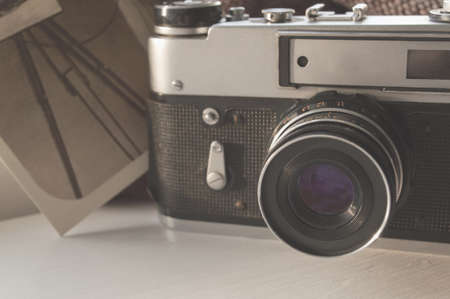 Close up view of retro camera lens in sunlight