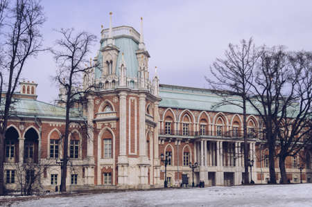 Moscow, Russia, March 11, 2017: exterior of main building inTsaritsyno Museum-Reserve on gloomy spring dayのeditorial素材
